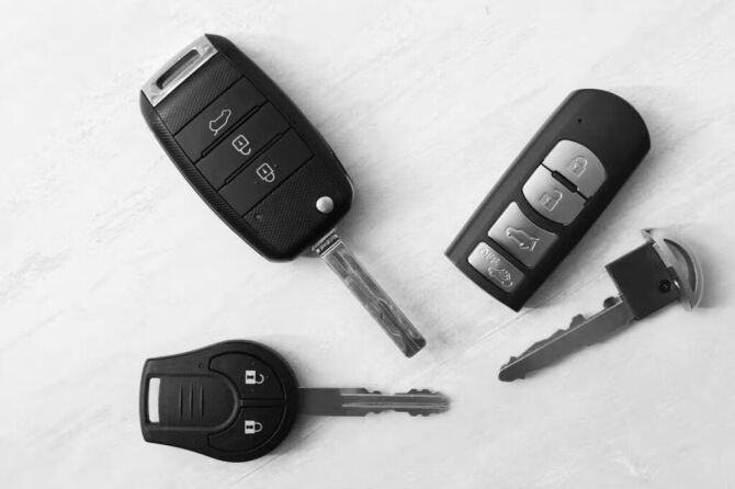 Two flip-style remote keys and a standard car key laid out on a white surface